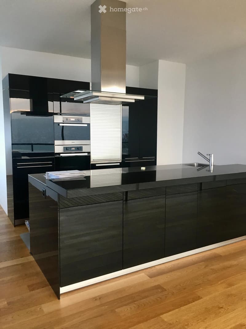 Modern kitchen with black cabinets, stainless steel appliances, island, and wooden flooring.