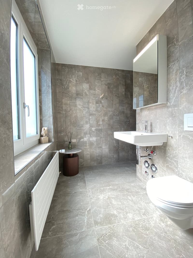 Modern bathroom with marble tiles, a white sink, toilet, mirror cabinet, small table, radiator, and decorative vase.