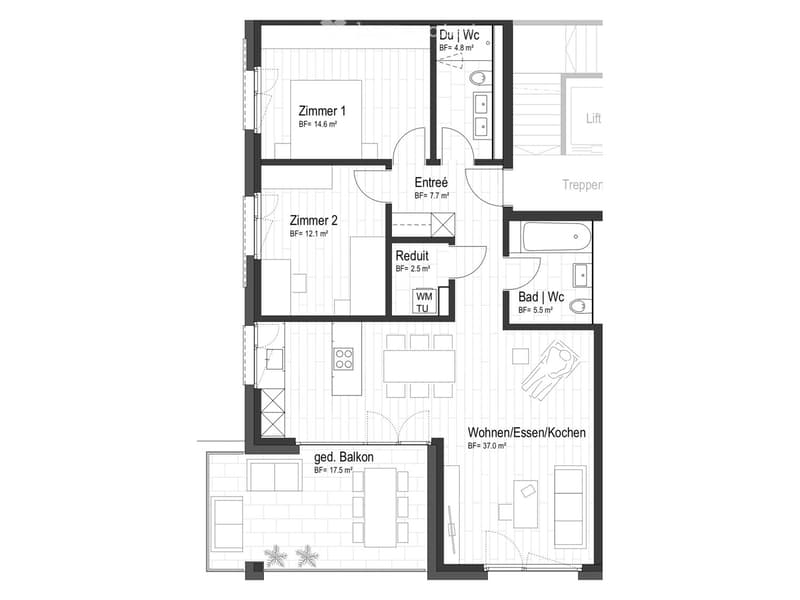 Floor plan of a 2-room apartment with a living/dining/kitchen area, two bedrooms, two bathrooms, a hallway, and a balcony.