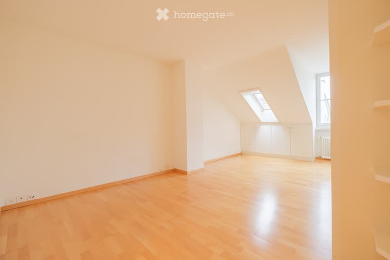Empty attic room with wooden flooring, white walls, built-in cabinets, and a skylight window.