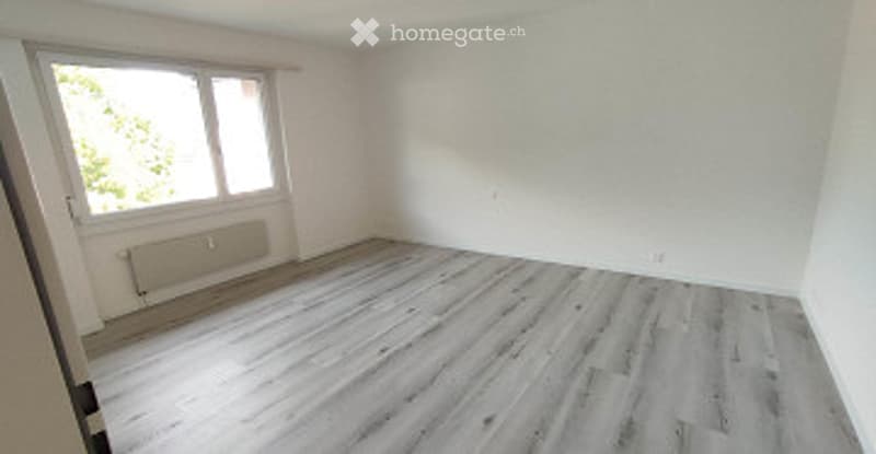 Completely empty room with light wooden flooring, white walls, and a single window with a radiator below it.