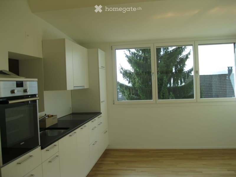 Modern kitchen with white cabinets, black countertop, and stainless steel oven. Large windows provide natural light and a view of greenery outside.