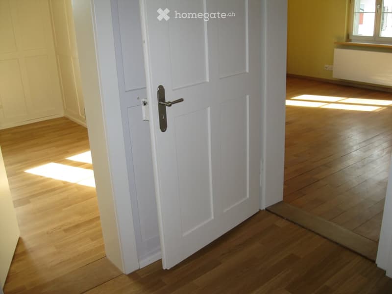 A narrow hallway with light wooden flooring and white walls, featuring a partially open white door leading to another room.
