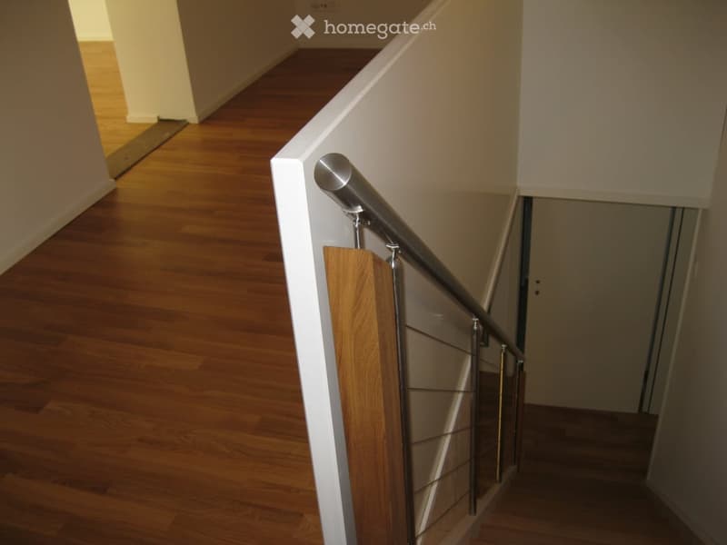 Modern hallway with wooden flooring, white walls, and a metal railing leading to an open area.
