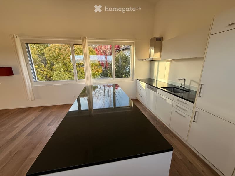 Modern kitchen with white cabinets, black countertop, wooden flooring, and large windows with curtains.