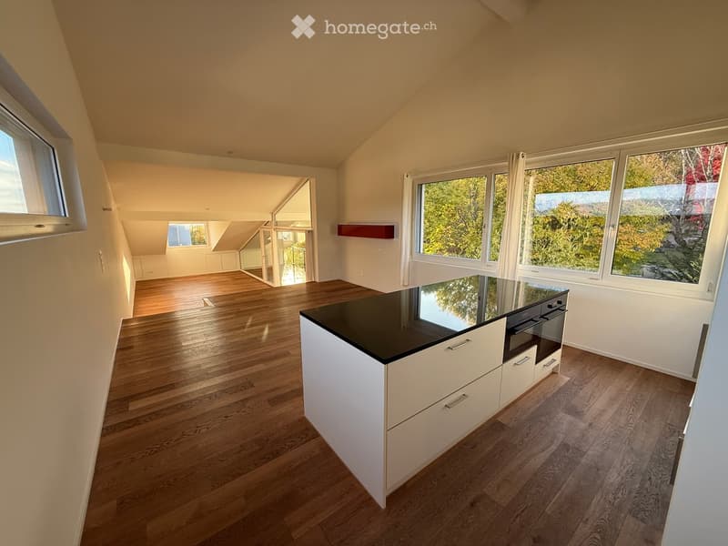 Bright, modern kitchen with white cabinets, black countertop, and wooden flooring. Large windows provide natural light and a view of greenery outside.