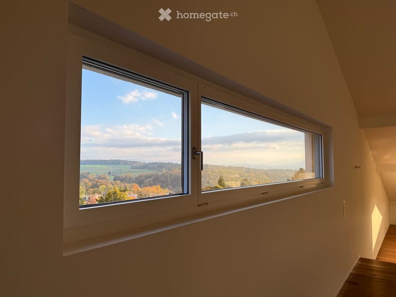 Empty room with large windows offering a scenic view of a landscape with fields and trees.
