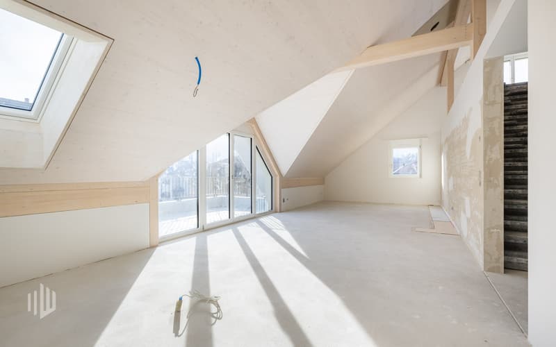 Wohn- und Essbereich mit Dachschräge und Dachfenster