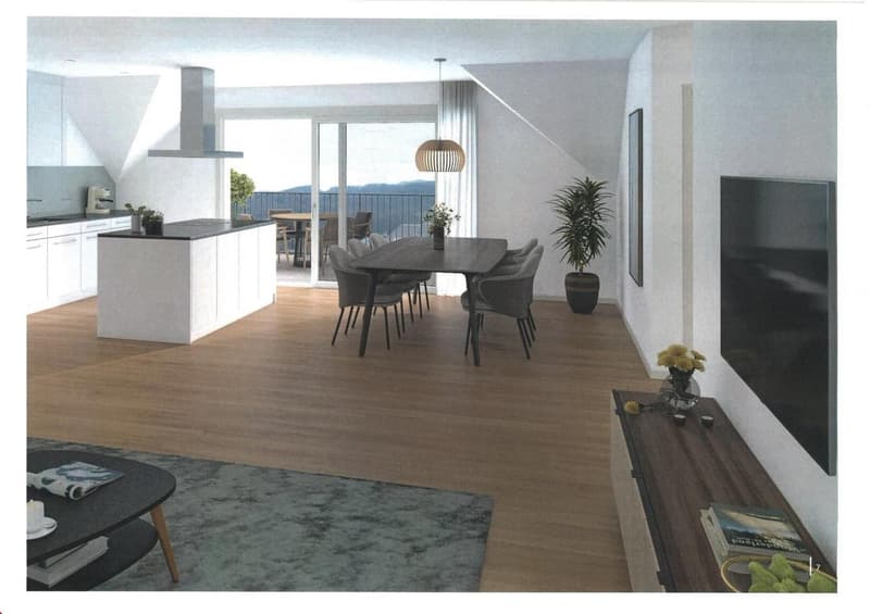open plan living room and kitchen, dining area, balcony, large windows