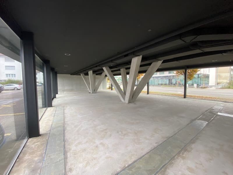 Empty parking space, concrete floor, metal structures, glass walls, parked cars outside