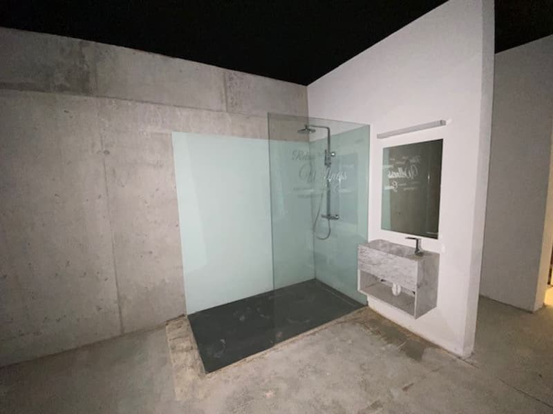 Modern bathroom with a glass shower enclosure, a mirror, a sink with a faucet, concrete walls, and a sink with a faucet.