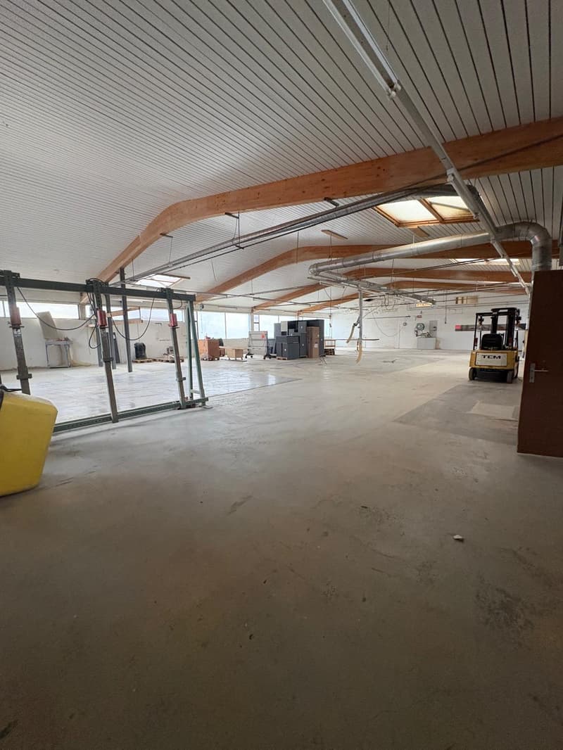 Warehouse: wooden beams, large open space, concrete floor, storage boxes, windows, yellow forklift