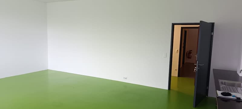 empty room, white walls, green floor, open door, power outlet, sink