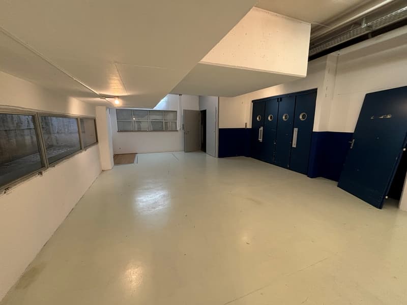 Empty room, white floor, blue walls, windows, doors