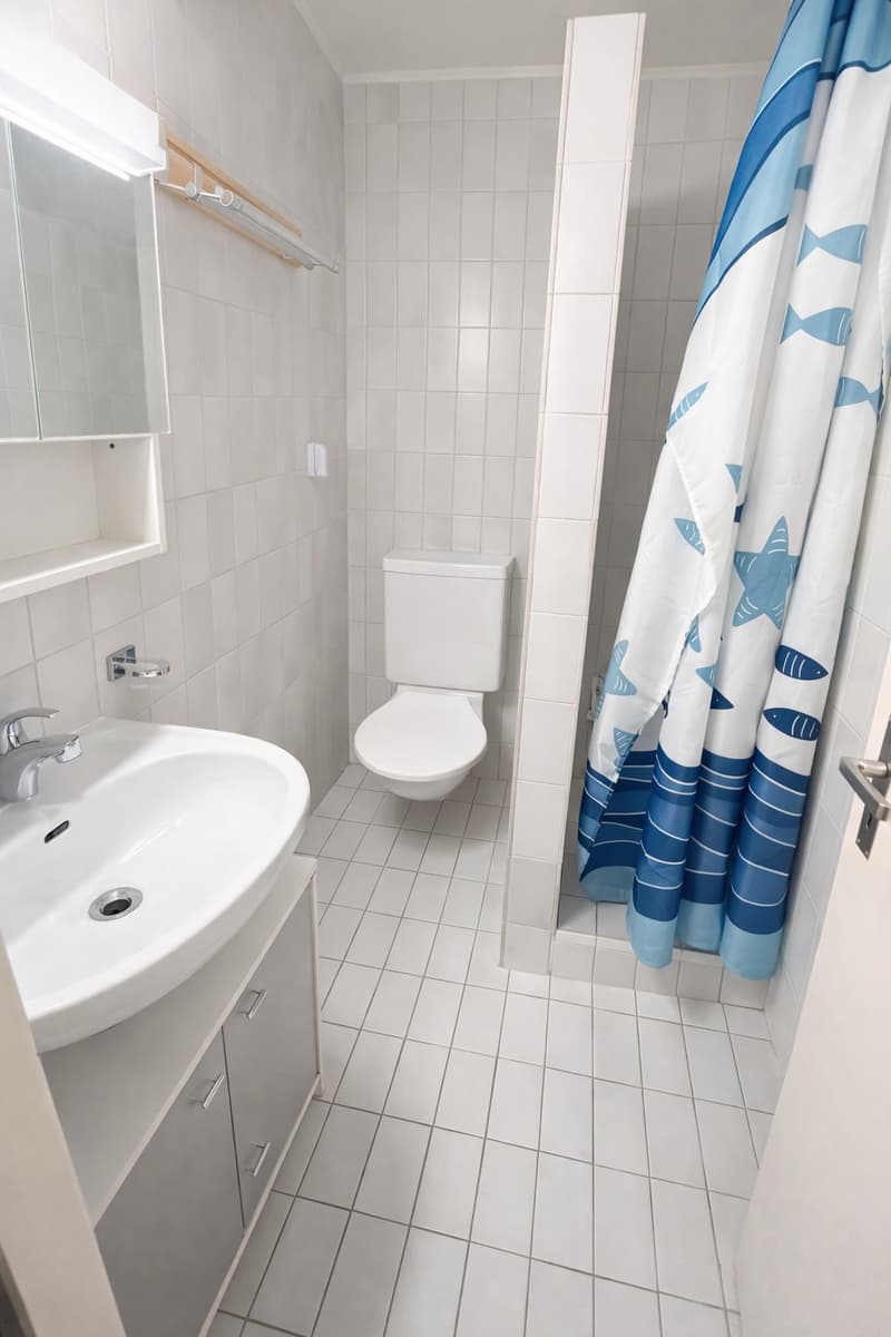 modern bathroom, white tiles, white sink, white toilet, white shower curtain, mirror above sink