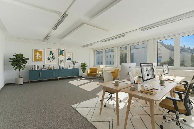 a clean and well lit office with desk, monitors, chairs, cabinets and plants