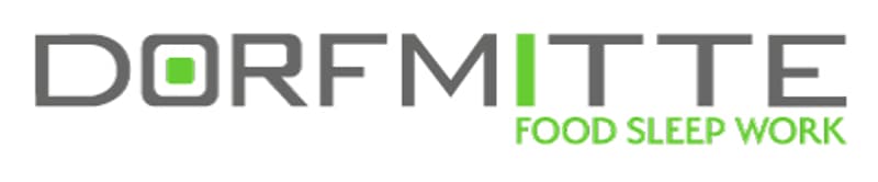 DORFMITTE logo with the tagline 'FOOD SLEEP WORK' in green font