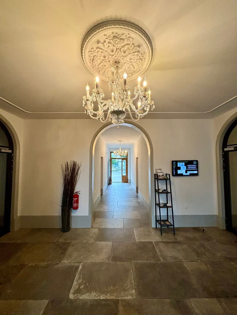 Corridor with archway, chandelier, tiled floor, potted plant, fire extinguisher, wall-mounted monitor, and shelves on the wall.