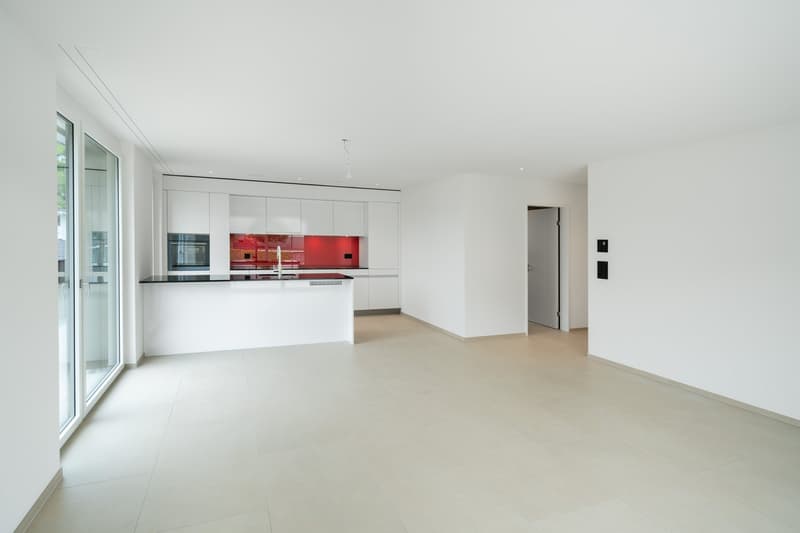 Spacious open-plan living area with white walls, large windows, and a modern kitchen with white cabinets and a red backsplash. The kitchen appears to have a dishwasher installed.
