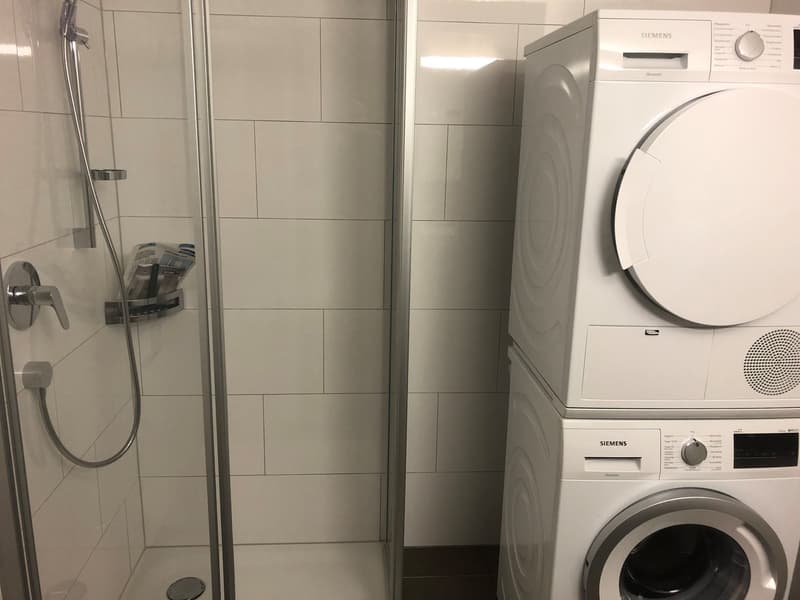 Bathroom with glass shower enclosure, Siemens washing machine and dryer, tiled walls