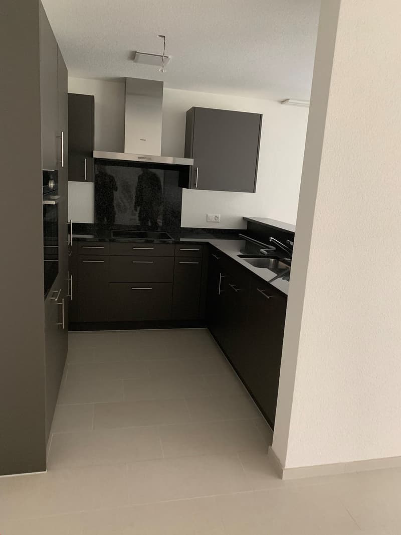 Modern kitchen with black cabinets, black countertops, built-in dishwasher, and white tile flooring