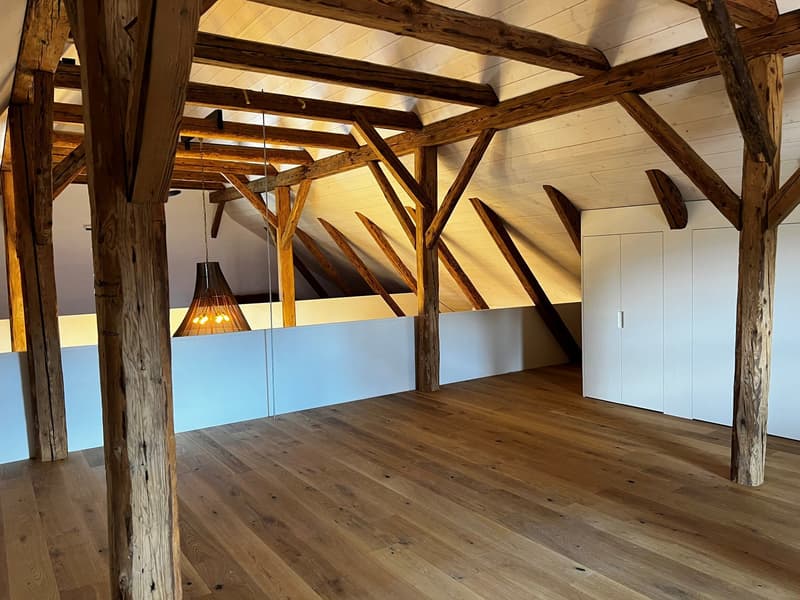 Large open space with exposed wooden beams and trusses, hardwood flooring, and a hanging light fixture. The space appears to be an attic or loft area that has been converted into a living or storage space.
