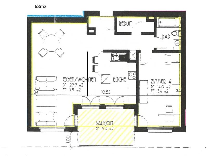 Floor plan showing living/dining area, kitchen, 4 bedrooms, and a balcony.