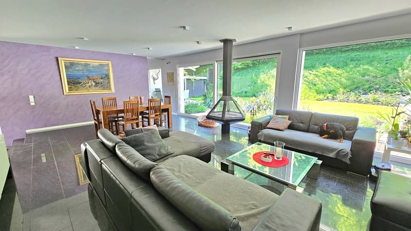 Spacious open-plan living area with large windows overlooking a lush green outdoor space, a fireplace, a glass coffee table, leather sofas, and a wooden dining table with chairs.