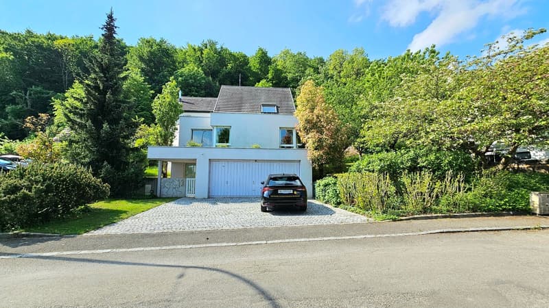 2-story house with a blue exterior, surrounded by lush greenery and trees. The house has a garage and a paved driveway for parking.