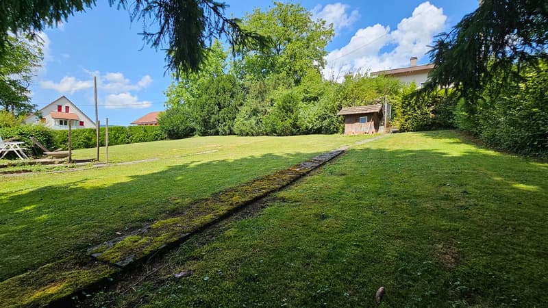 The image shows a large grassy yard surrounded by lush green trees and foliage. There is a small wooden shed or structure visible in the background. The yard appears well-maintained with a path or trail running through the center. The sky is blue with som