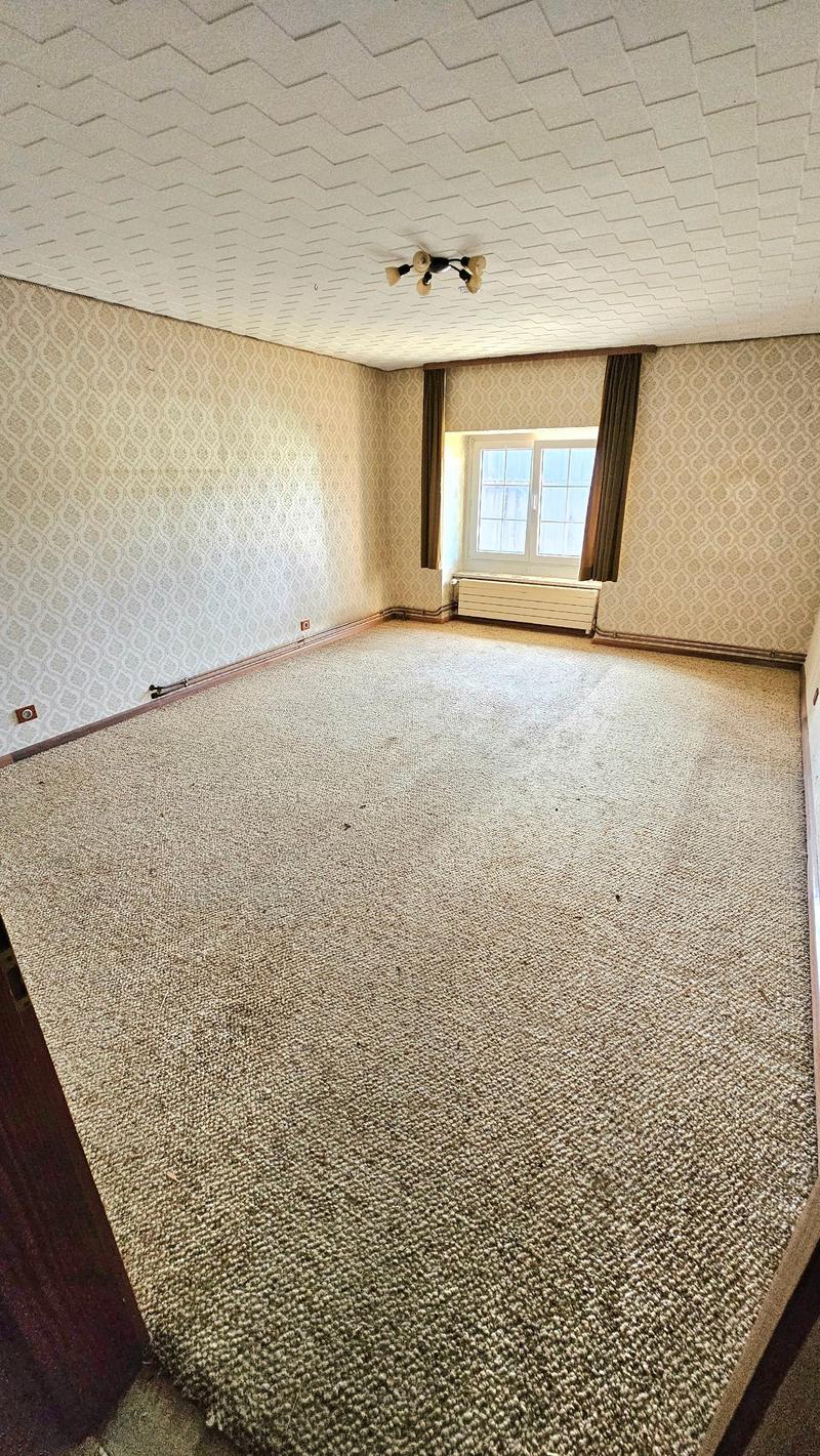 empty room, carpeted floor, patterned wallpaper, large window, radiator, ceiling light