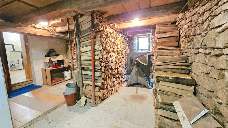 Storage room with wooden logs, shelves, buckets, shovel, metal stand