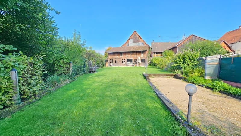 large wooden house, big lawn, green trees, clear blue sky