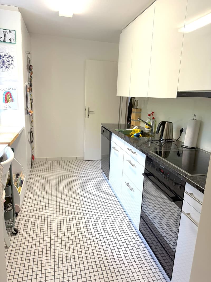 modern kitchen with white cabinets, black tiled floor, granite countertop, black induction stove, dishwasher, washing machine, sink with faucet, refrigerator, paper towel roll, kettle, cleaning products