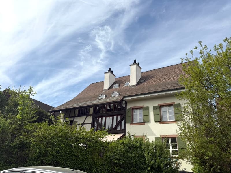 2 story house, brown roof, white walls, green shutters, 2 chimneys, balcony