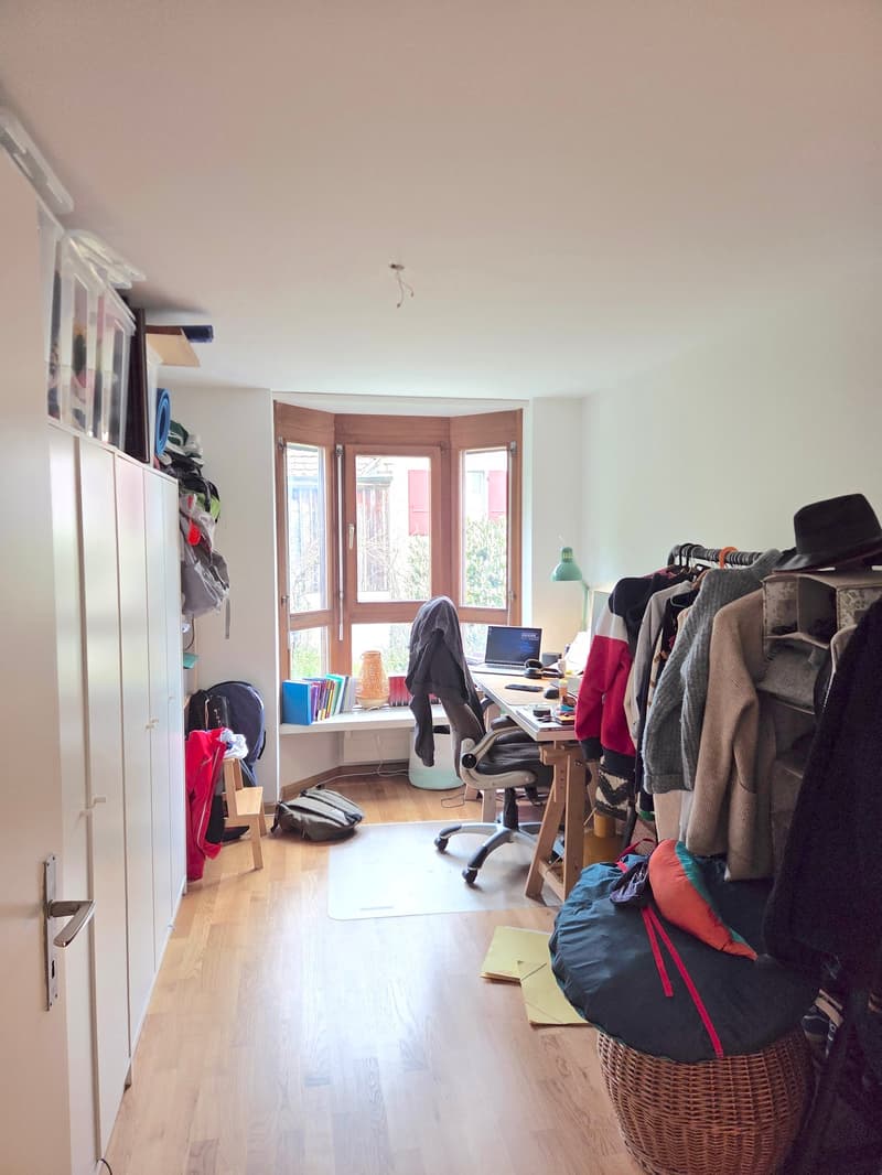 room with desk, chair, window, wardrobe, clothes hanging, rug, storage boxes, books, bags, laptop