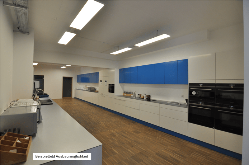 Modern kitchen, blue and white cabinets, wooden floor, appliances, large counter