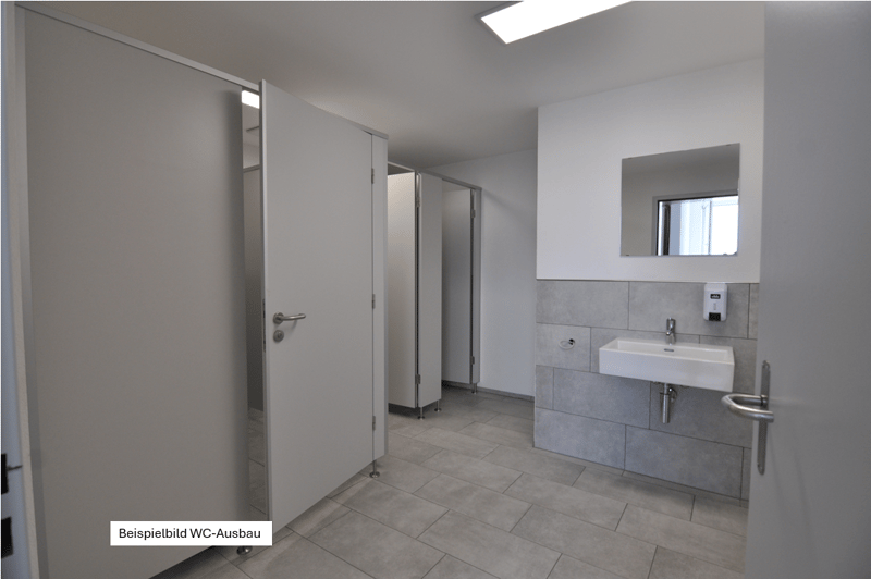 interior of an example WC with gray floor, gray walls, open cubicles, washbasin, mirror and soap dispenser