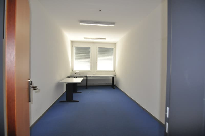 Office, blue carpeted floor, two white tables, one white wall, one window, bright white ceiling.