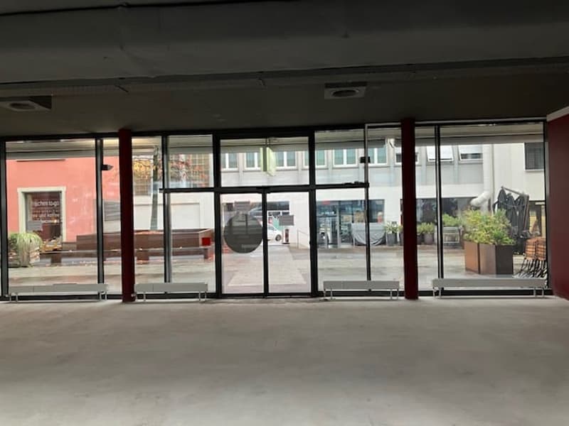 Entrance area with large glass doors, red pillars, benches, potted plants, and a view of the street and buildings outside.