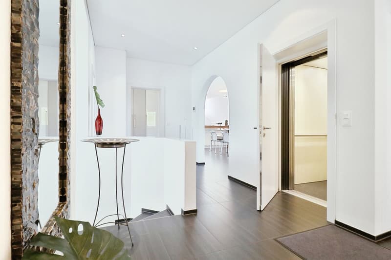 Contemporary design, hardwood floors, large mirror, a small table with a red vase, an open lift door, a door leading to a dining area with chairs
