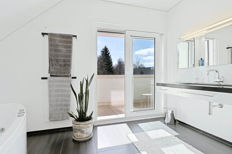 Glass door to terrace, bathtub, potted plant, modern fixtures, white tiles