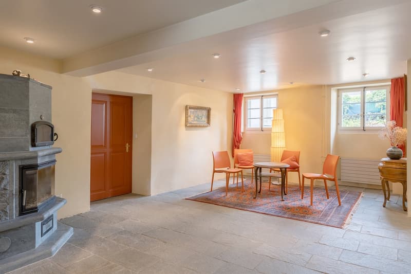 Fireplace, wooden door, windows, rug, chairs, table, lamp, picture frame, vase