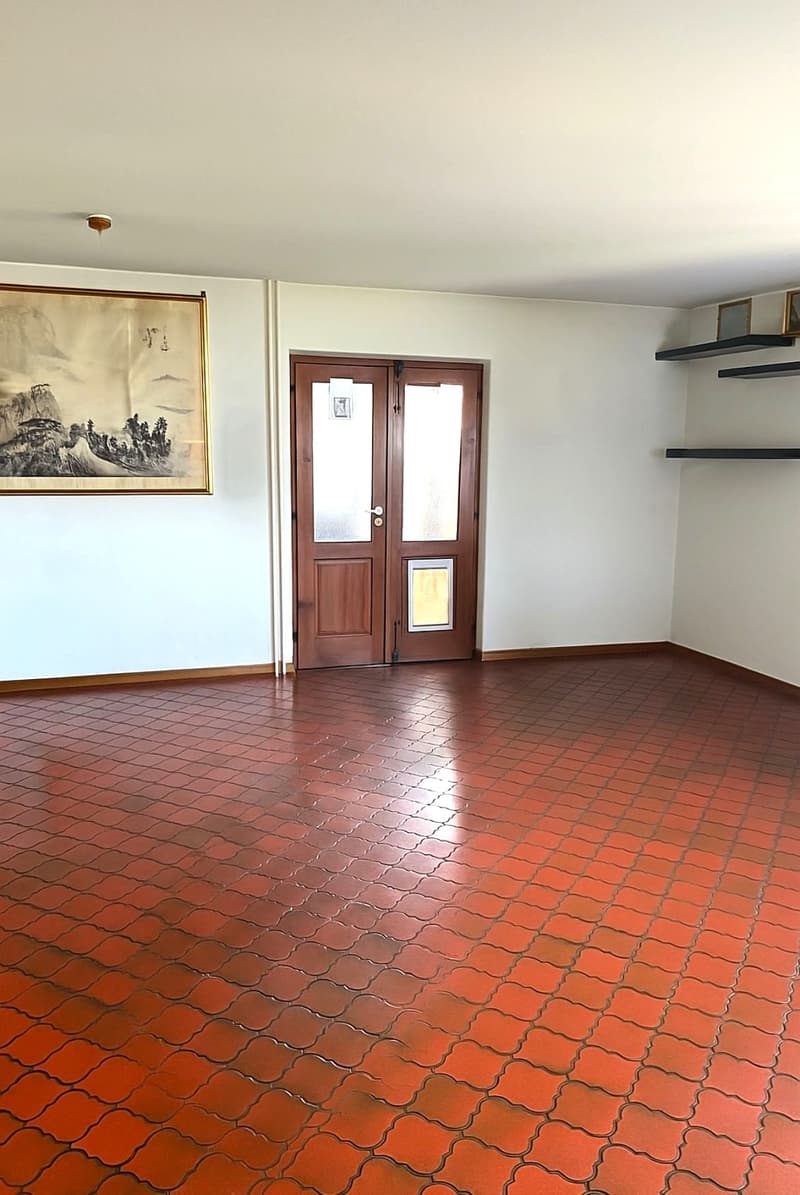 red floor tiles, wooden door, wall mounted shelves, picture frame, no furniture