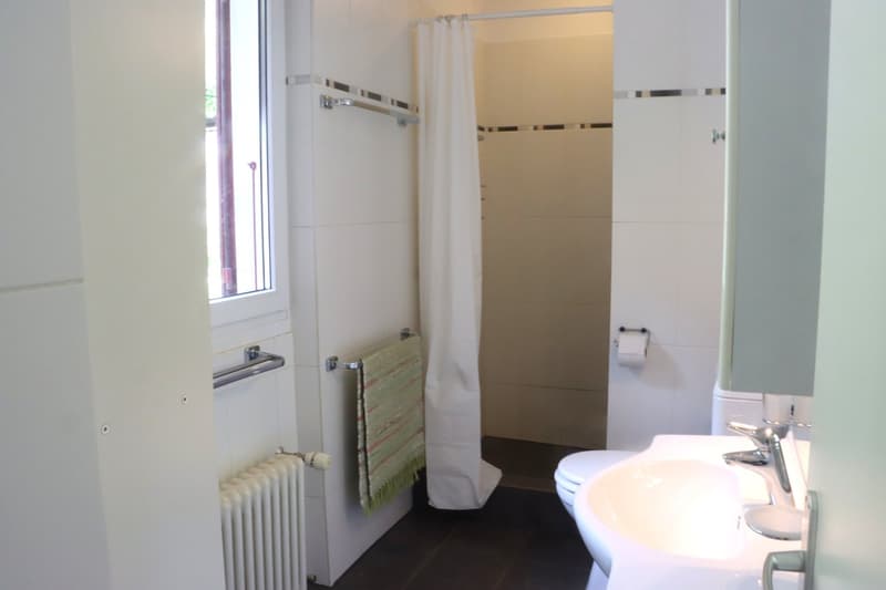 Bathroom with white tiles, white sink, white shower curtain, white radiator, towel rack, toilet, and window.