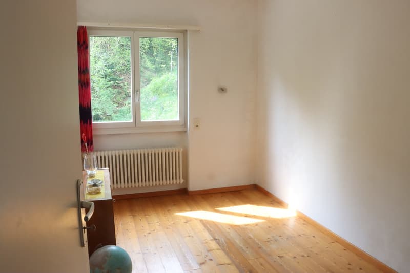 empty room, wooden floor, white walls, window with view of trees, white radiator
