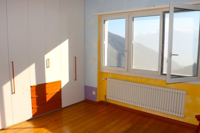 empty room, wooden floor, white wardrobe, yellow wall, white radiator, window with mountain view
