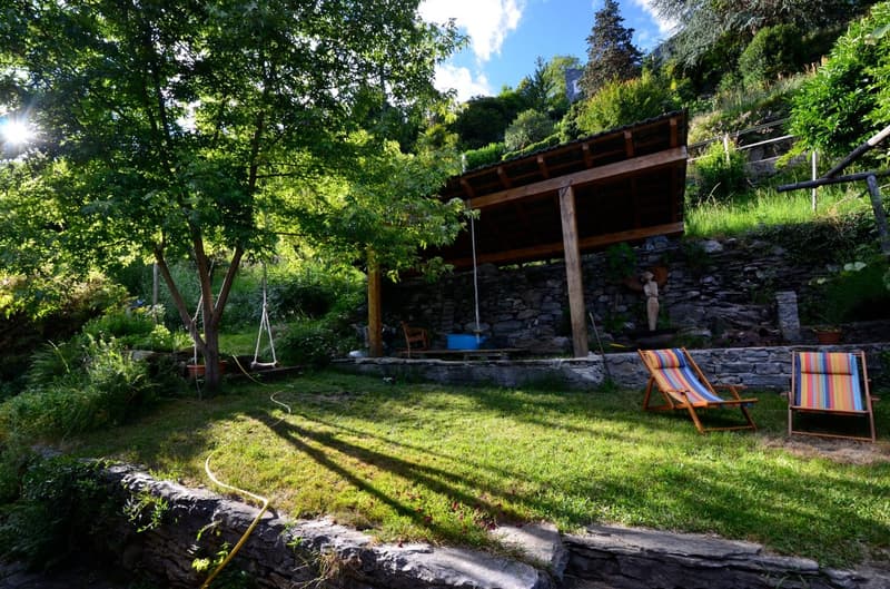 Garden with wooden shed, lawn, two lounge chairs, swing, and a tree.
