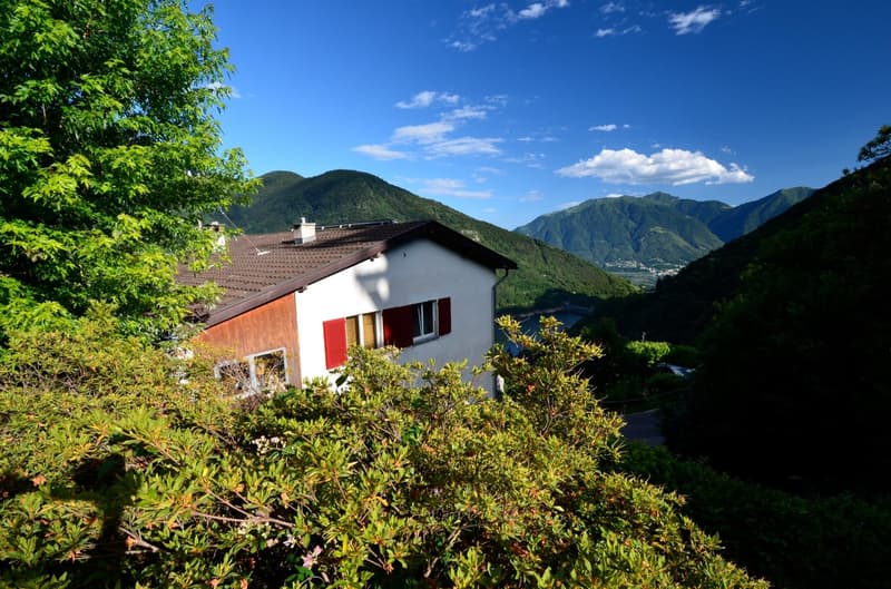 House with brown roof, white walls, red shutters, surrounded by trees and mountains