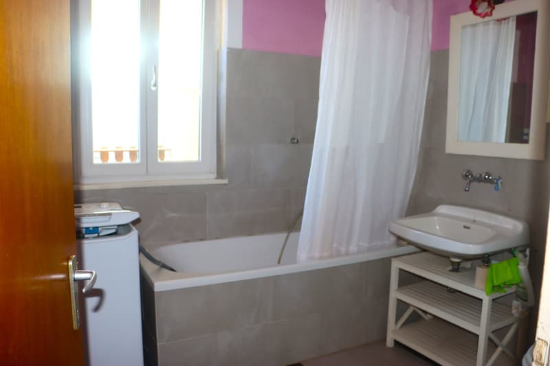 Bathtub, sink, mirror, shower curtain, washing machine, shelves, window